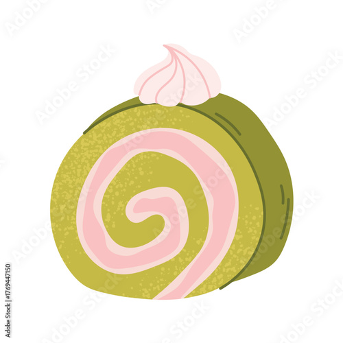 Matcha-flavored cake, green roll with strawberry filling. Japanese pastry, Asian sweet with matcha. Vector illustration on a white background.