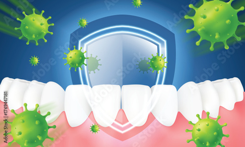 3D Realistic Vector illustration of a dental protection shield blocking viruses. Oral immunity and hygiene concept