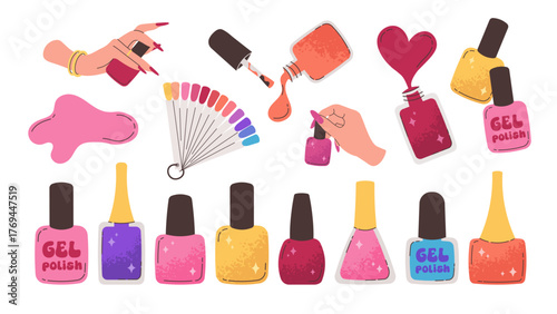 Gel polish set. Gel polish bottles in various shapes and colors. Nail care coating. Vector flat illustrations