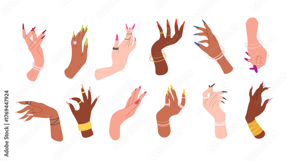 Fototapeta premium Set of hands and nails polish. Vector illustrations for nail studio, beauty studio with manicured hands. Self-care, gel polish