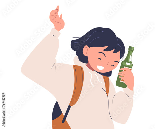 Woman with Alcohol Drink and Beverage in Bottle Vector Illustration
