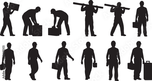Silhouette of construction workers carrying equipment