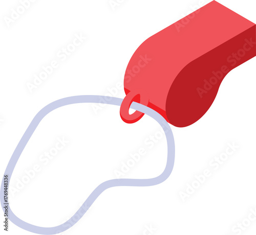 Red whistle with lanyard hanging, useful tool for referees, coaches, and lifeguards, in isometric view