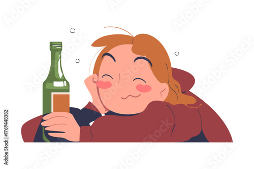 Woman with Alcohol Drink and Beverage in Bottle Vector Illustration