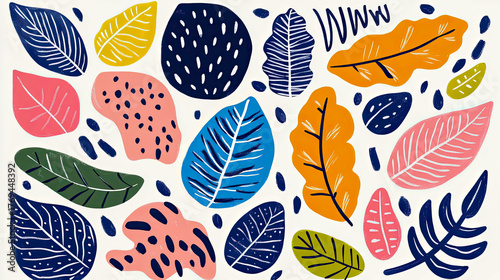 Vibrant and Playful Abstract Botanical Pattern Featuring Diverse Hand-Drawn Leaves and Organic Shapes in Modern Colorful Illustration
