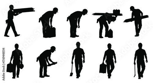 Silhouette of construction worker in various poses vector illustration