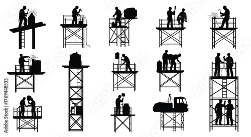 Silhouette of construction workers on scaffolding construction site