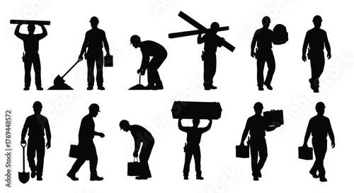 Silhouette of construction worker man with shovel, brick, and tools