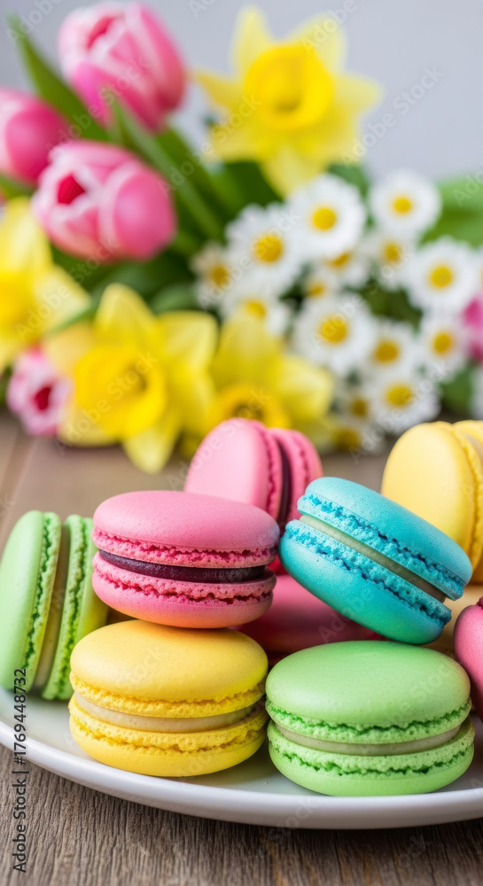 Obraz premium A delightful arrangement of colorful French macarons on a plate, set against a soft, vibrant backdrop of blooming spring flowers.