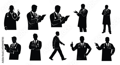 Silhouette of doctor in different poses, they are holding stethoscope, clipboard, and wearing lab coat