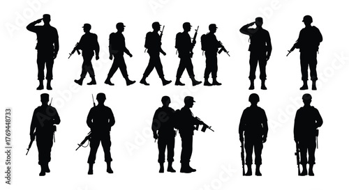 Silhouette of soldier in different poses, they are holding rifle and wearing uniform