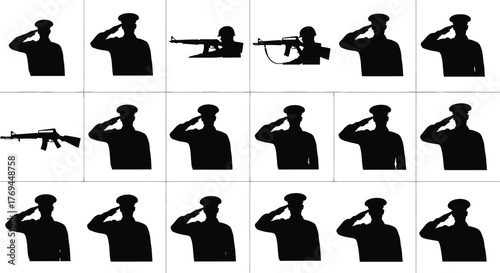 Silhouette of a soldier saluting in various poses, showcasing respect and military discipline