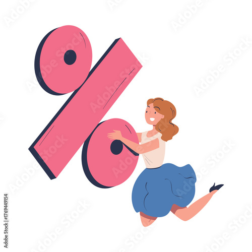 Woman Character Holding Big Percentage Badge Vector Illustration