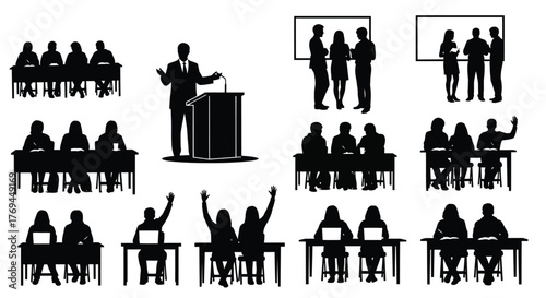 Silhouette of people in meetings, conferences, and presentations