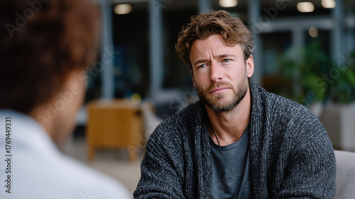 A thoughtful man with wavy hair appears engaged in a deep conversation, reflecting seriousness and contemplation in a modern, stylish environment emphasizing emotional connection.