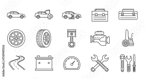 Collection of various car-related icons, including vehicles, tools, and components for automotive repair and maintenance.