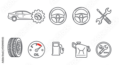 Car service icons: auto repair, steering wheel, tire, oil, gas, tools.