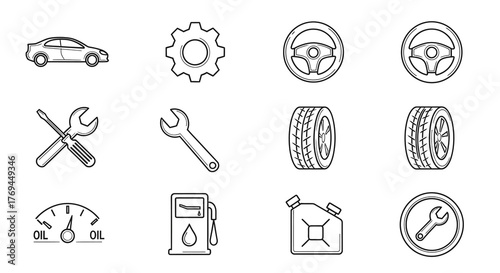 Car service icons: car, gear, steering wheel, wrench, tire, gauge, fuel.