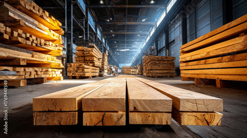 Wallpaper Mural Lumberyard interior with stacks of freshly cut timber ready for construction Torontodigital.ca