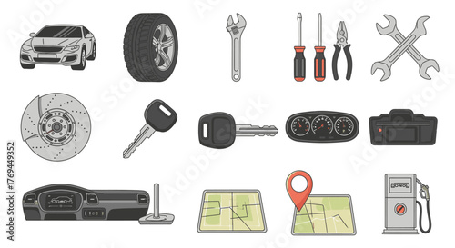 A collection of car-related icons including vehicles, parts, tools, and travel elements on a white background.