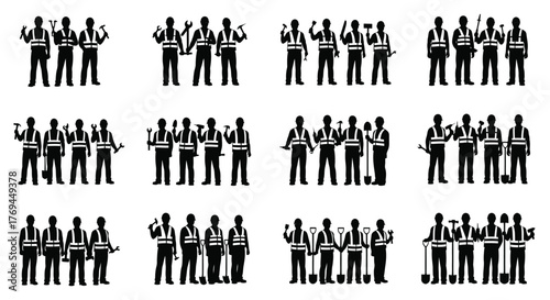 Silhouette of construction workers with tools vector illustration