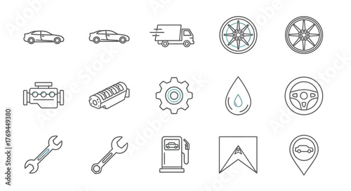 A collection of automotive and transport-related icons, including cars, trucks, engines, tools, and fuel.