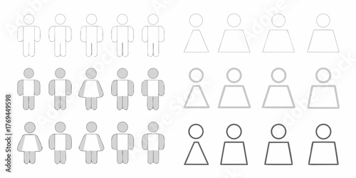Diverse human figures representing gender and population in rows with varying shading and outline styles