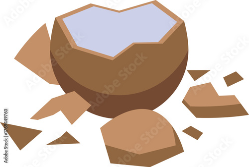 Coconut broken open, showing the refreshing coconut water inside and scattered pieces around it