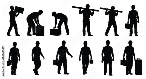 Silhouette of construction worker in different poses