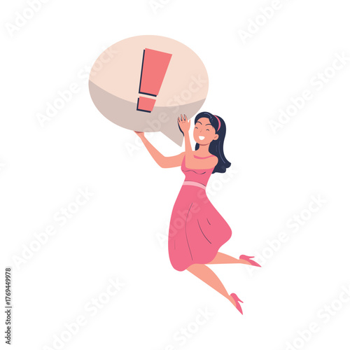 Woman Character Holding Big Speech Bubble Badge Vector Illustration