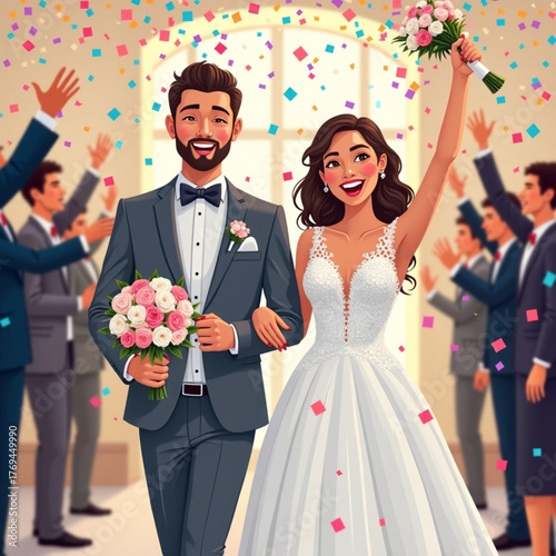 Joyful newlyweds celebrate their wedding surrounded by confetti and guests