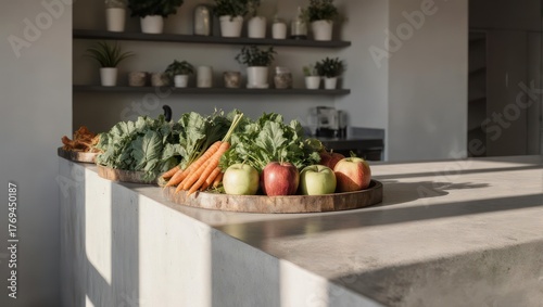 Fresh Produce and Juices on a Kitchen Countertop Bathed in Sunlight.