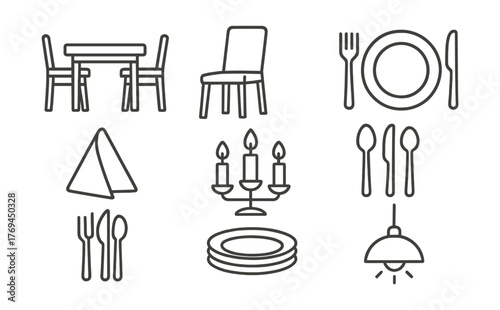 Set of dinnerware and tableware, including a table, chairs, plates, forks