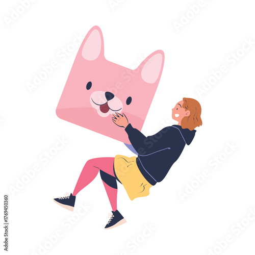 Woman Character Holding Big Pet Snout Badge Vector Illustration