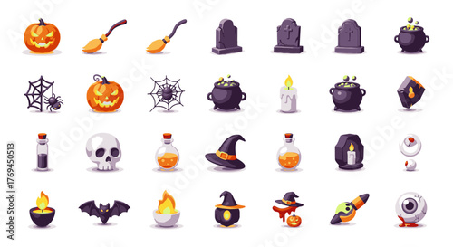 Collection of various Halloween-themed illustrations, including pumpkins, witch hats, and cauldrons.