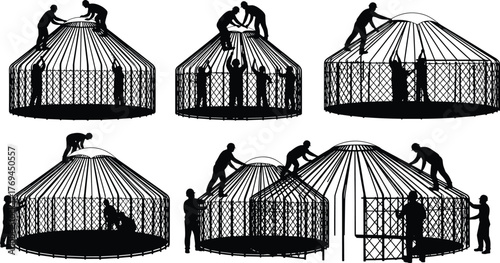 Silhouette vector illustration of workers constructing traditional yurt with roof poles, lattice walls, teamwork, cultural architecture, craftsmanship, safety, heritage, and industry