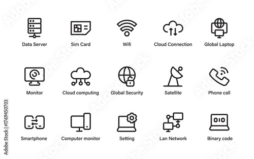 Technology Security Icons. A collection featuring global servers, sim cards, monitors, and satellite.