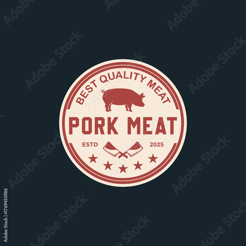 Retro vintage pork butcher shop restaurant with simple and elegant sticker style, badge emblem, typography, logo template illustration, vector design