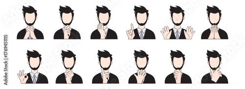 Business Man Hand Gesture Set – Vector Illustration Collection of Expressions