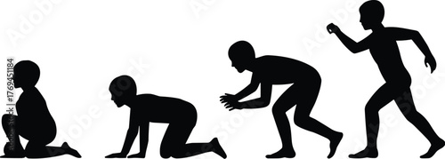 Child silhouette, walking development, crawling pose, sitting figure, standing motion, black graphic, vector illustration, growth icon, toddler activity, milestoneChild silhouette,