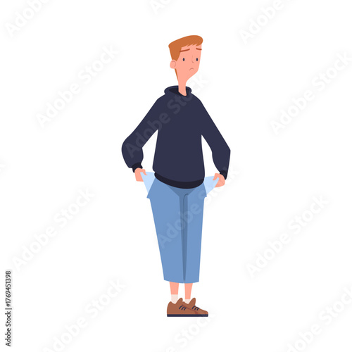 Man with Empty Pockets Sad in Standing Pose Vector Illustration