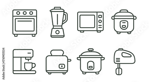 Set of kitchen appliances including a toaster, coffee maker, microwave