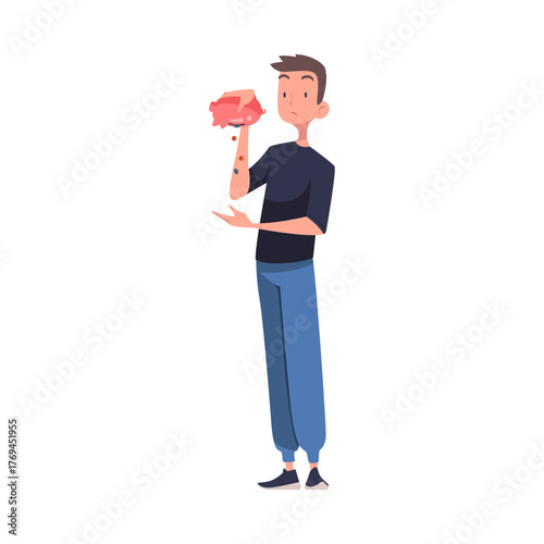 Man with Empty Pockets Counting Coins Vector Illustration
