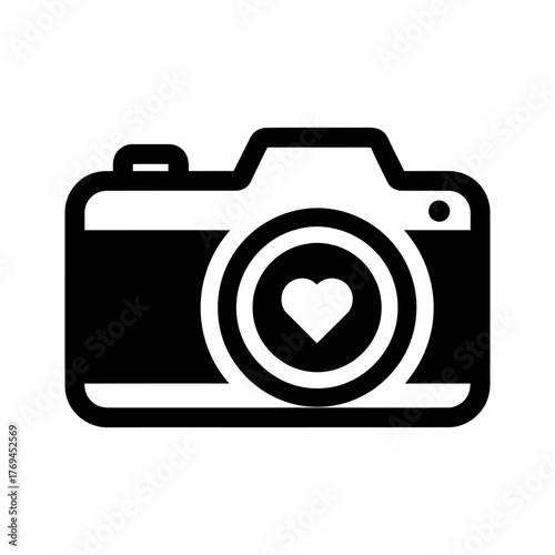 Minimalist Black Camera Icon with Heart Lens Graphic on White