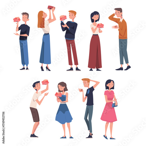 People with Empty Pockets Counting Coins Vector Set