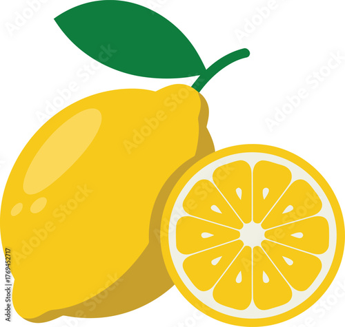 Vibrant Yellow Lemon with Green Leaf and Sliced Cross-Section, Flat Design Vector Illustration for Healthy Eating, Cooking, Beverage, and Organic Food Graphic Projects