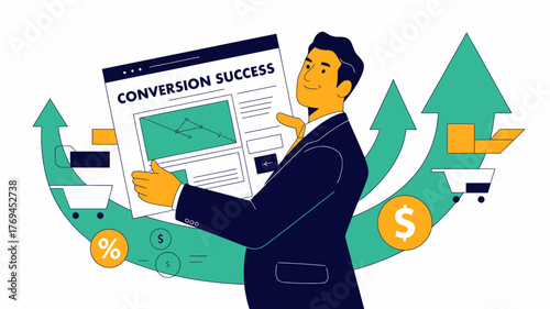 Businessman celebrating conversion success with upward trending graphs and shopping cart icons representing business growth