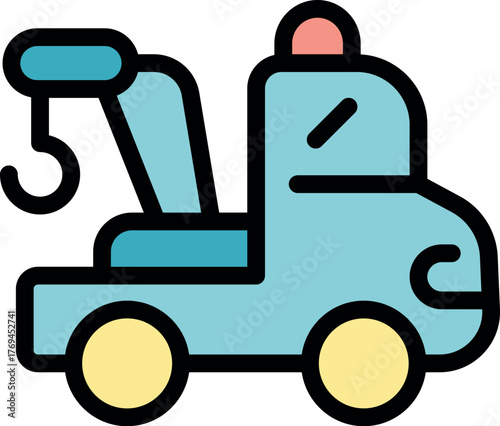 Tow truck with crane lifting hook provides roadside assistance for broken down vehicles