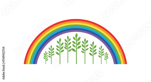 A vibrant rainbow arches over a row of green leafy plants, depicting nature, growth, and hope on a white background.