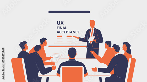 Team meeting discussing user experience final acceptance presentation with charts and graphs on a whiteboard